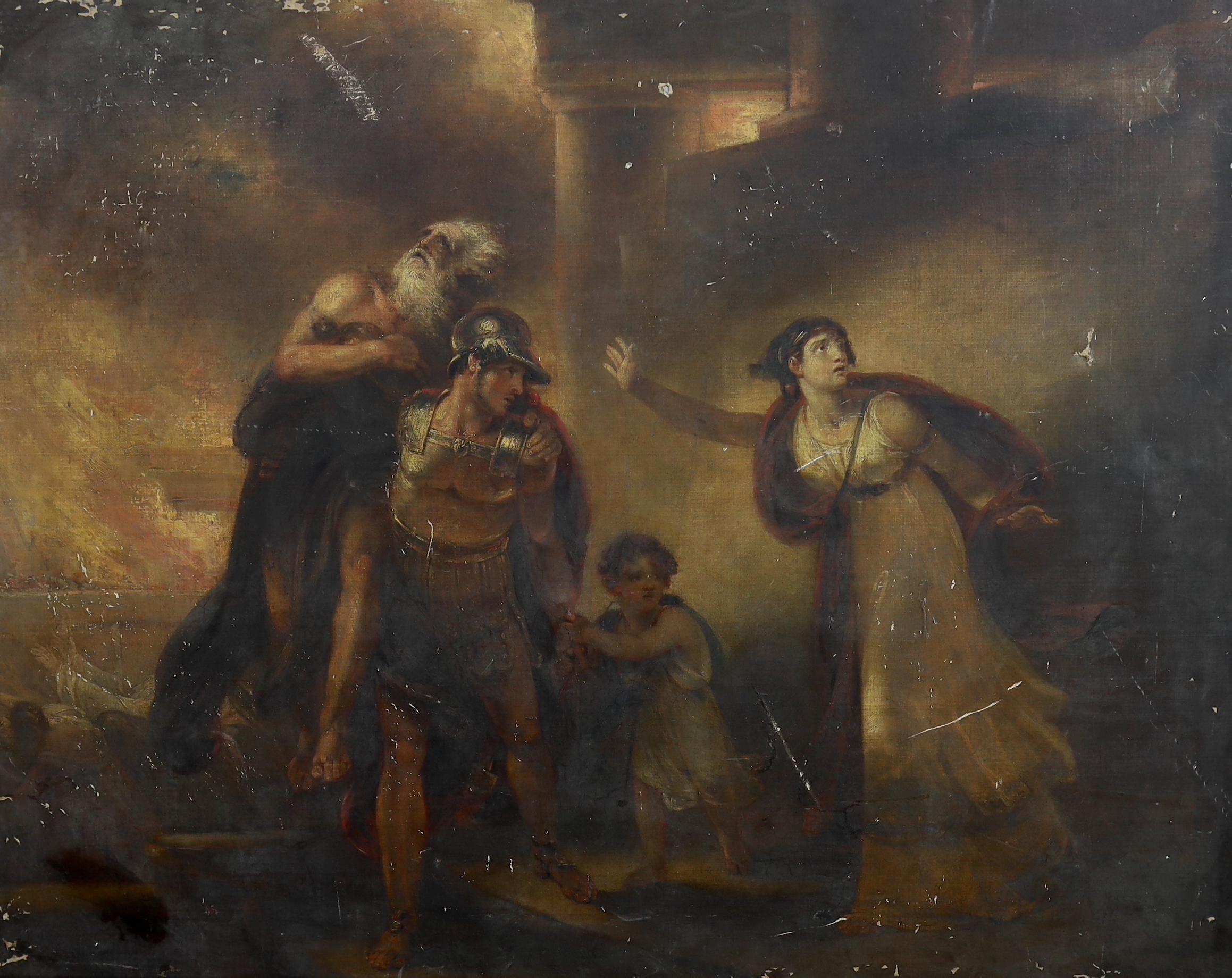 Attributed to Henry Howard RA (1769-1847), Aeneas and his family fleeing Troy, oil on canvas, 110 x 137cm